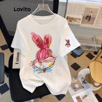 Lovito Casual Camiseta Feminina de Desenho Básica com Gola Redonda e Manga Curta LNE07073 (Branca)
