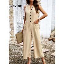 lovito macacao casual de bolso com botao liso para mulheres tam P