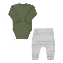 Lt18187 - conjunto para bebê longo body 100% algodão e calça estampada com detalhe bolso tam rn ao g