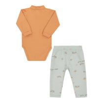 Lt18192 - conjunto para bebê longo body 100% algodão e calça estampada com detalhe bolso tam rn ao g