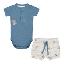 Lt18222 - conjunto para bebê curto body em ribana e short estampado com cordão decorativo tam rn ao g