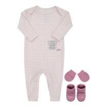 Lt18305 kit presente para bebê 3 peças em ribana canelada com macacão luvas e sapatinhos tam rn ao p
