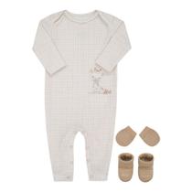 Lt18305 kit presente para bebê 3 peças em ribana canelada com macacão luvas e sapatinhos tam rn ao p