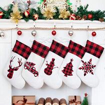 Lubot Conjunto de 5 Meias de Natal (20inch) Silhueta Buffalo Red Plaid/Rustic/Farmhouse/Country Cotton Fireplace Hanging Xmas Stockings Decorações para Decor da Temporada de Férias Em Família