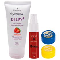 Lubrificante K-Luby Morango + Calda Bejável Secret Sexy Morango + Fogo do Dragão Hamamelis + Fogo do Dragão Ginseng