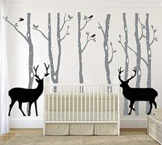 LUCKKYY Bétula Árvore Veado Parede Decal Nursery Forest Removível Bétula Árvores Vinil Adesivo para Crianças Quarto Decoração Viveiro Quarto (Cinza)