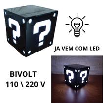 Luminaria Abajur Bloco Preto Branco Super Mario Bross Geek