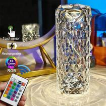 Luminária Abajur Cristal LED Recarregável Touch USB 16 Cores Com Controle Remoto Para Mesa Quarto Decoração - Deluxe