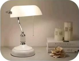 Luminária Abajur de Mesa Banqueiro Inglês de Vidro Branco Bocal para lâmpada E27
