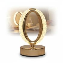 Luminaria Abajur de Mesa Oval Dourada Led Acrilico Cristalizado Usb Recarregavel Branco Quente Neutro Frio