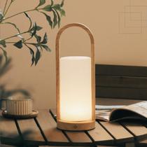 Luminária Abajur Led Detalhe em Madeira Touch Recarregável Mesa Cabeceira Quarto Sala 5W 2700K
