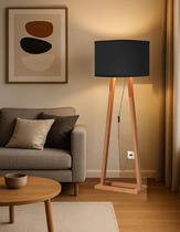 Luminária Abajur Sala Closet De Chão Viena Pé Madeira Cúpula Preta Design Moderno