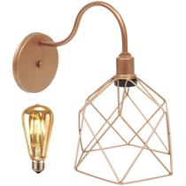 Luminária Arandela Parede Aramada Cálice Industrial Retro + Lâmpada Led Vintage Cobre Rose Gold