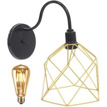 Luminária Arandela Parede Aramada Cálice Industrial Retro + Lâmpada Led Vintage Preto/Dourado