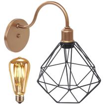 Luminária Arandela Parede Aramada Diamante Industrial Retro + Lâmpada Led Cobre Rose Gold/Preto