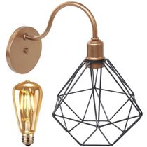 Luminária Arandela Parede Aramada Diamante Industrial Retro + Lâmpada Led Cobre Rose Gold/Preto