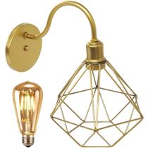 Luminária Arandela Parede Aramada Diamante Industrial Retro + Lâmpada Led Vintage Dourado