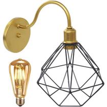Luminária Arandela Parede Aramada Diamante Industrial Retro + Lâmpada Led Vintage Dourado/Preto