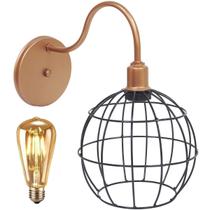 Luminária Arandela Parede Aramada Globo Industrial Retro + Lâmpada Led Cobre Rose Gold/Preto Luminária Arandela Parede Aramada Globo Industrial Retro + Lâmpada Led Cobre Rose Gold/Preto