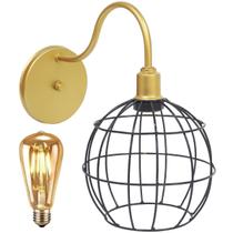 Luminária Arandela Parede Aramada Globo Industrial Retro + Lâmpada Led Vintage Dourado/Preto