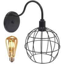 Luminária Arandela Parede Aramada Globo Industrial Retro + Lâmpadas Led Vintage Preto