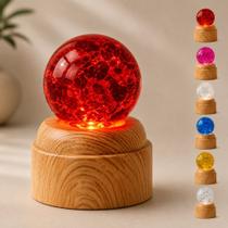 Luminaria Bola Cristal LED Base Madeira Abajur Decorativo USB
