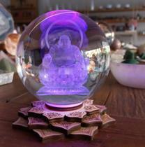 Luminária Bola de Cristal Buda Hotei - Base Flor de Lótus Led Colorido