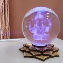 Luminária Bola de Cristal Ganesha - Base Led Colorido Flor de Lótus