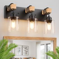 Luminária de banheiro Licperron 3 luzes de madeira rústica preta