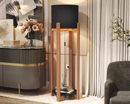 Luminária de Chão Austria Cúpula Acetato na cor Preta com pés de Madeira Sala de Estar