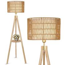 Luminária de chão com tripé LAMSU Oak Wood com prateleiras Rattan Shade Luminária de chão com tripé LAMSU Oak Wood com prateleiras Rattan Shade