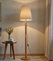 Luminária de Chão Retrô Madeira Maciça 164cm Abajur de Piso Cúpula Tecido Palha Sala Quarto Decorativa
