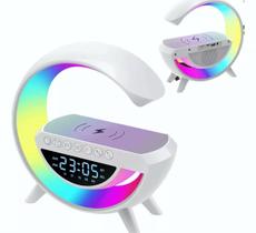 Luminária De Mesa 4 em 1 Carregador Sem Fio Led RGB Caixa De Som Bluetooth Usb Sd Rádio Fm Relógio Digital - LF-ESHOP