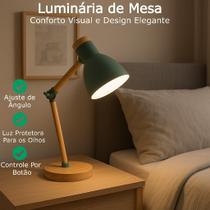 Luminária De Mesa Base Madeira Ferro Luz Iluminação Trabalho Estudos Quarto Verde Resistente