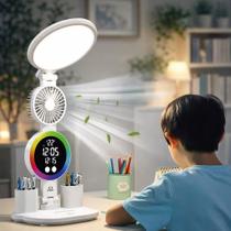 Luminária de Mesa com Ventilador LED RGB Relógio Digital Touch Tipo C Recarregável ON-LM311