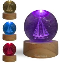Luminária de Mesa LED RGB Bola de Vidro e Base de Madeira, Ideal P/ Decoração Personalizada 35232