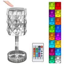 Luminária de Mesa Quarto Sala Abajur Tubo Led Cristal Diamante Controle Remoto Cores Rgb Touch Recarregável Usb