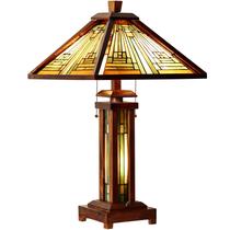 Luminária de Mesa Tiffany Capulina em Vidro Colorido, 3 Luzes, 38 x 38 x 66 cm, Âmbar e Marrom, Base de Madeira, Estilo Tiffany com Luz Noturna para Sala de Estar, Quarto e Escritório
