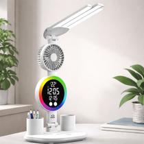 Luminária de Mesa Touch com Ventilador Display Digital Relógio Alarme USB Ajustável 180 3 Modos de Luminária de Mesa Touch com Ventilador Display Digital Relógio Alarme USB Ajustável 180 3 Modos de