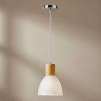 Luminária de Teto Pendente Moderno para Bancada Cozinha Cabeceira de Cama em Vidro Anello Wood Branco Detalhe Madeira Luminária de Teto Pendente Moderno para Bancada Cozinha Cabeceira de Cama em Vidro Anello Wood Branco Detalhe Madeira