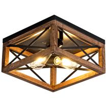 Luminária de Teto Rpzloila 2 Lâmpadas Metal Preto e Madeira Rústica