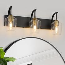 Luminária de Vaidade Foucasal Preta com 3 Luzes e Cúpulas de Vidro Transparente, 60 cm Industrial Preto e Dourado para Banheiro, Quarto, Corredor, Sala e Cozinha Luminária de Vaidade Foucasal Preta com 3 Luzes e Cúpulas de Vidro Transparente, 60 cm Industrial Preto e Dourado para Banheiro, Quarto, Corredor, Sala e Cozinha