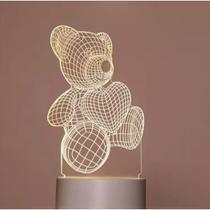Luminária Decorativa Abajur Ursinho Coração 3D Acrílico USB