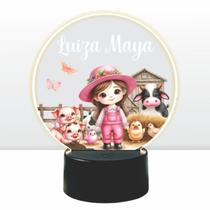 Luminaria em acrilico de led infantil personalizada com nome tema fazendinha colorido decorativa mesa ou escrivania