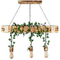 Luminária Grande Rústica de Madeira com 3 Pendentes Bocal Barril + Planta Artificial - Colonial Retrô Vintage