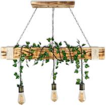 Luminária Grande Rústica de Madeira com 3 Pendentes e Soquetes Ouro Velho + Planta Trepadeira Artificial - Bloco Único de Pinheiro 95cm