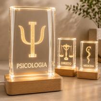 Luminaria LED 3D Profissoes Vidro Base Madeira Presente