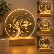 Luminaria LED 3D Redonda Acrilico Base Madeira Abajur Decorativo 12cm