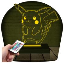 Luminária Led Abajur 3D Pikachu Pokemon 16 Cores + Controle Remoto