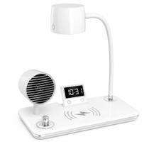 Luminária LED de Mesa Branca 4 em 1: Bluetooth, Relógio Alarme, Carregador por Indução Luminária LED de Mesa Branca 4 em 1: Bluetooth, Relógio Alarme, Carregador por Indução